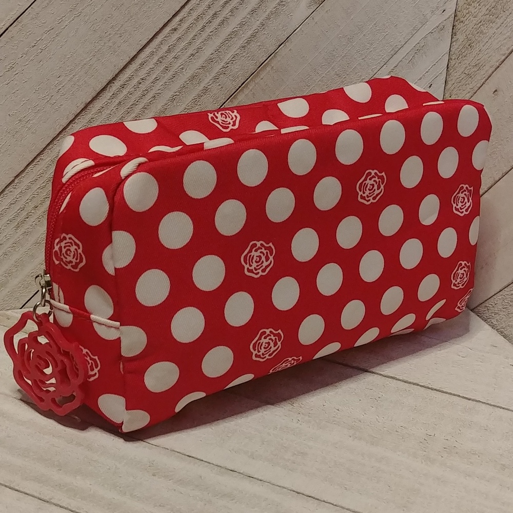 Lancome Pink and White Cosmetic Bag with Floral Zipper Pull